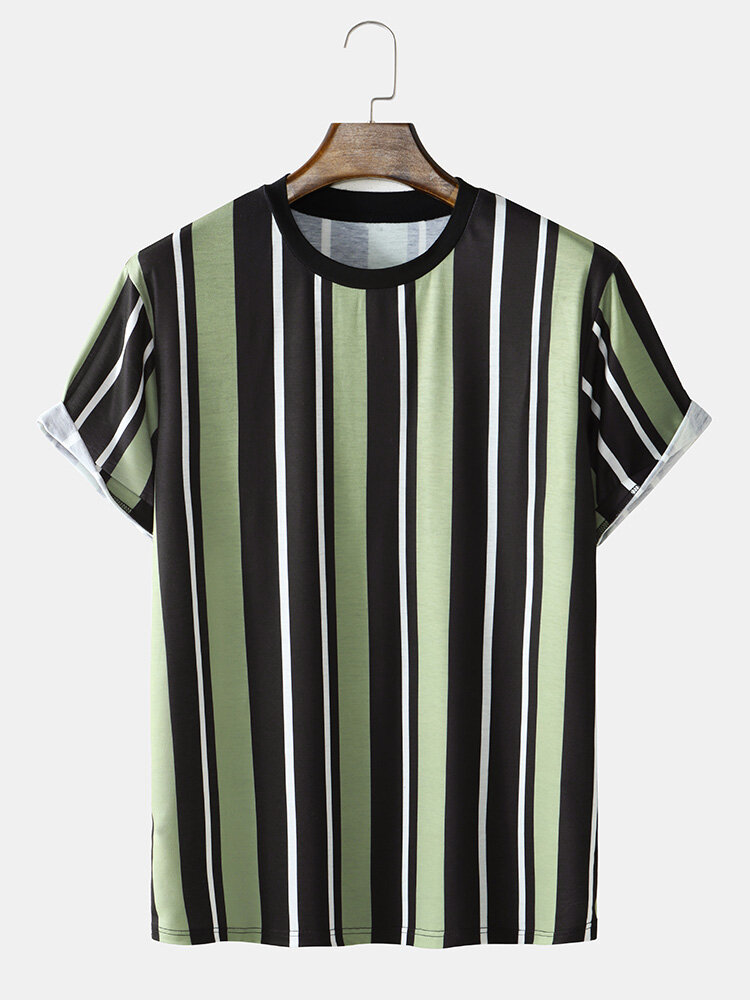 

Mens Vertical Stripe Crew Neck Loose Preppy Short Sleeve T-Shirts, Green