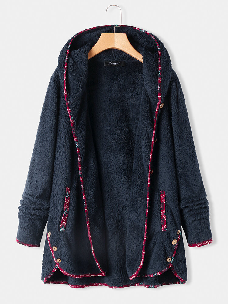 Fleece estampado floral Patchwork Plus Tamaño Abrigo con capucha y bolsillos