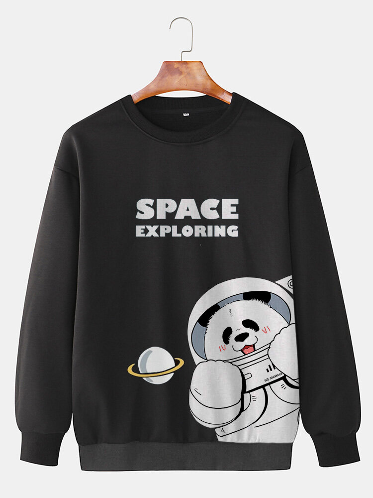 ChArmkpR Mens Cartoon Space Panda Print Crew Neck Pullover Sweatshirts
