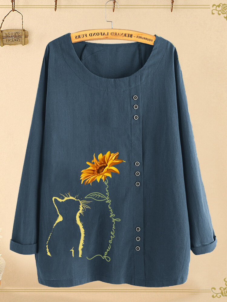 Cartoon Cat Printed Long Sleeve O-neck Button Blouse For Women