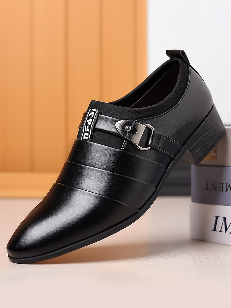 Men Metal Buckle Pointed Toe Slip On Business Casual Dress Shoes