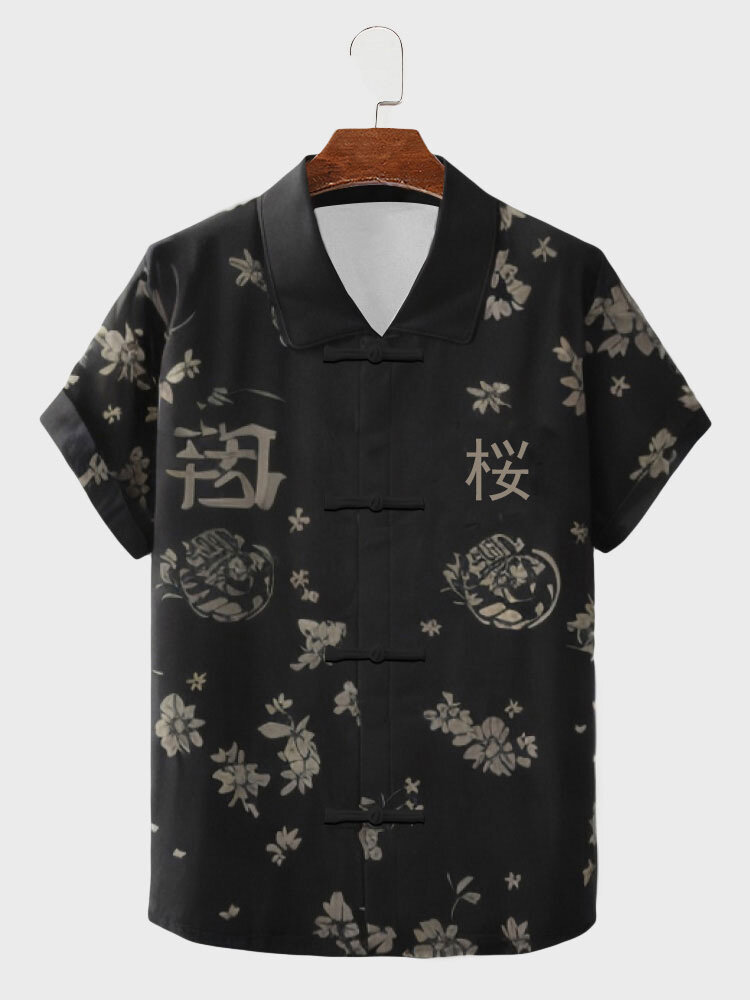 

Mens Japanese Cherry Blossom Print Frog Button Short Sleeve Shirts, Black