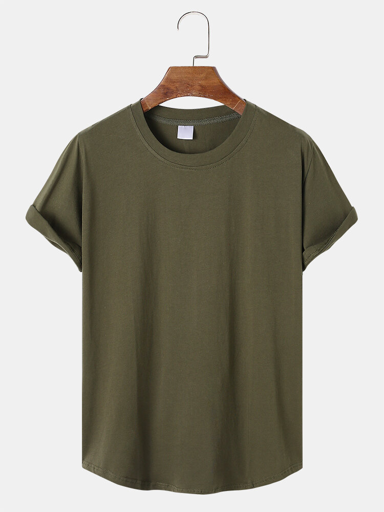 

Mens Solid Color Curved Hem Loose Basics Short Sleeve T-Shirts, Army green;black;khaki;white;gray