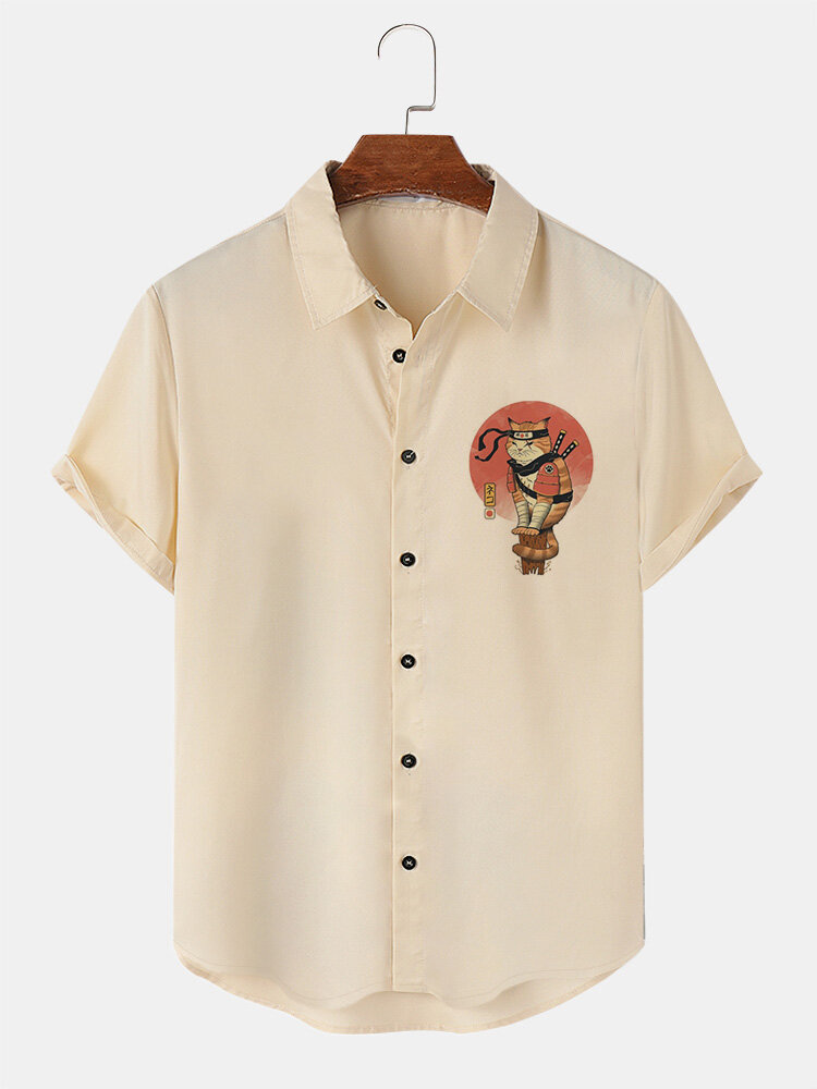 Мужские рубашки с короткими рукавами с графическими лацканами и японским воином Кот