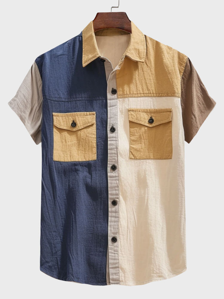 

Mens Color Block Patchwork Flap Pocket Casual Short Sleeve Shirts, Apricot