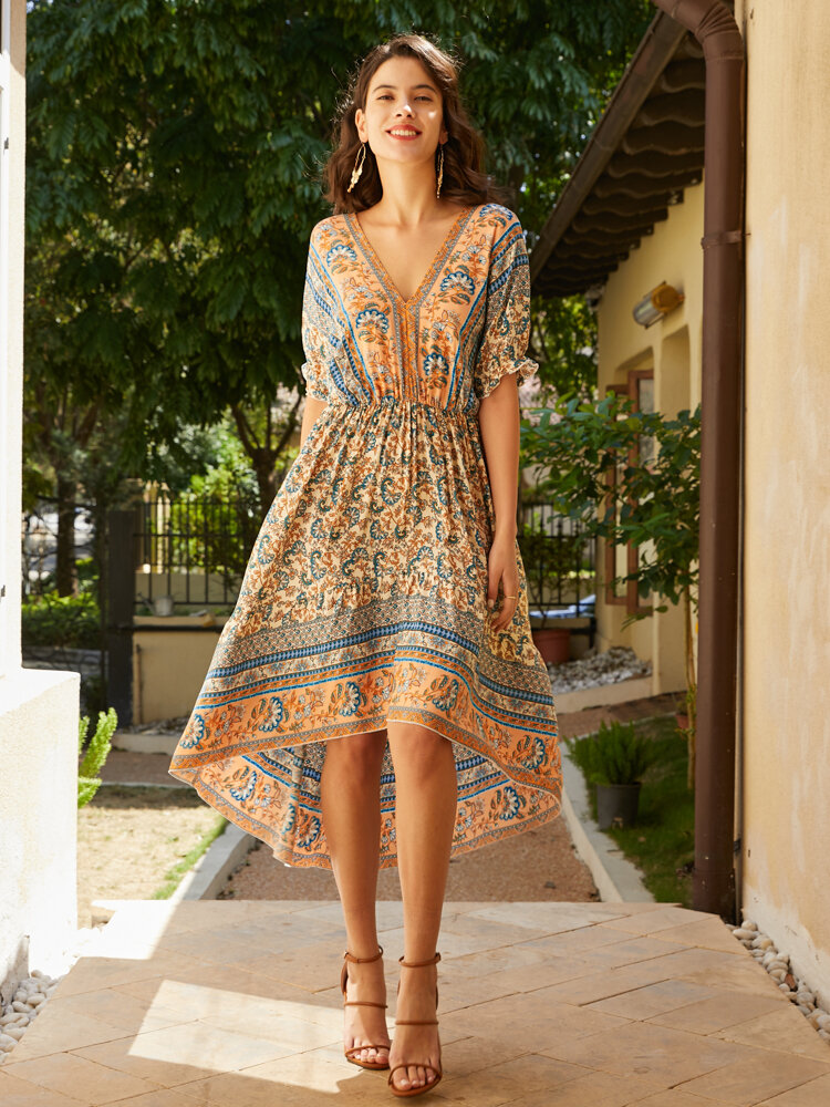 Floral Print Knotted High-low Hem Open Back Bohemian Dress