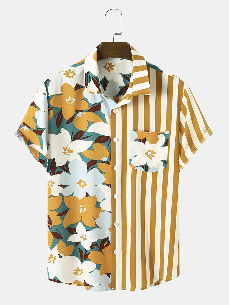 Mens Floral Stripe Print Patchwork Holiday Short Sleeve Shirts