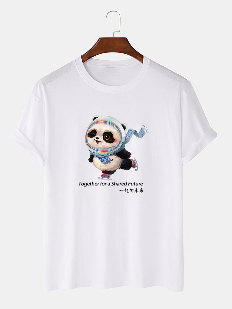 Mens Cartoon Panda Slogan Print Casual Short Sleeve T-Shirts