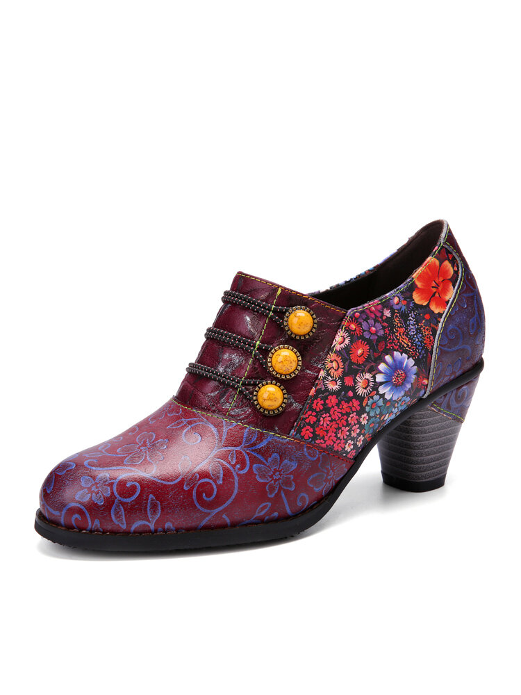 Socofy Retro Floral Print Embossed Design Beading Leather Patchwork Chunky Heel Pumps