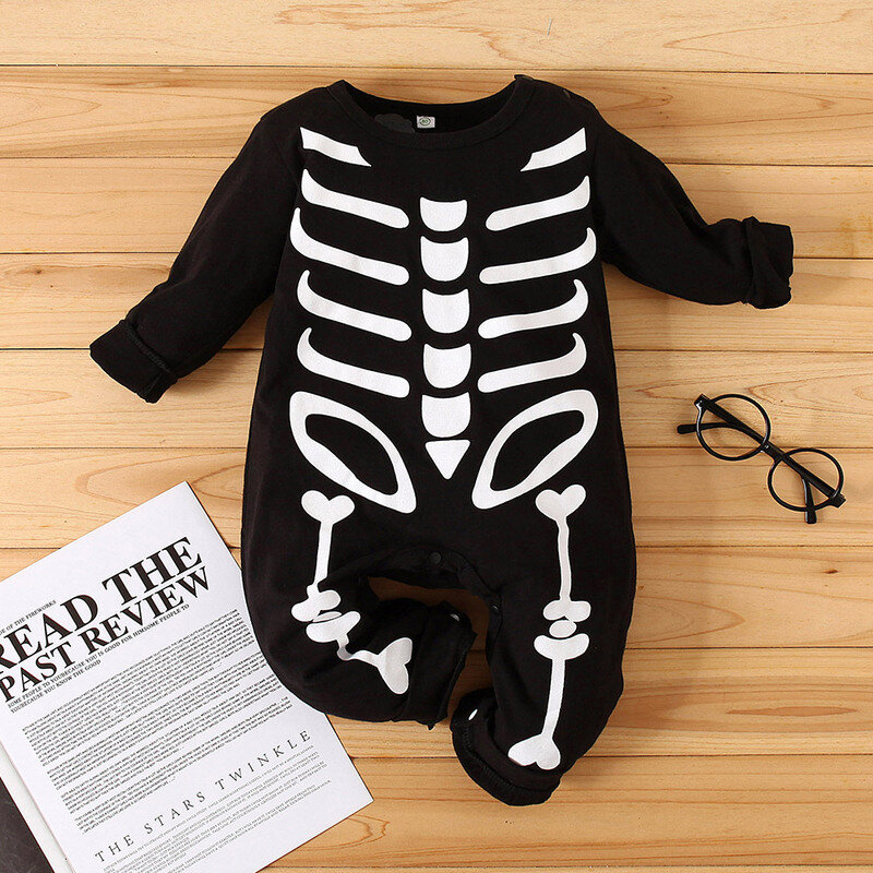 

Baby Bone Print Long Sleeves Casual Rompers For 6-24M, Black
