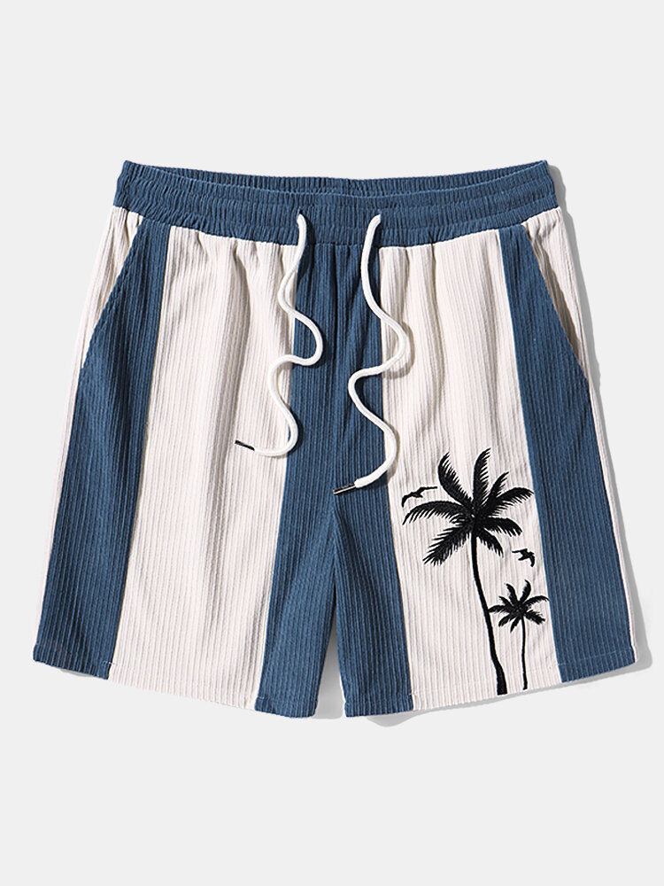 Pantalones cortos de vacaciones hawaianos de pana con bordado de árbol para hombre Coco