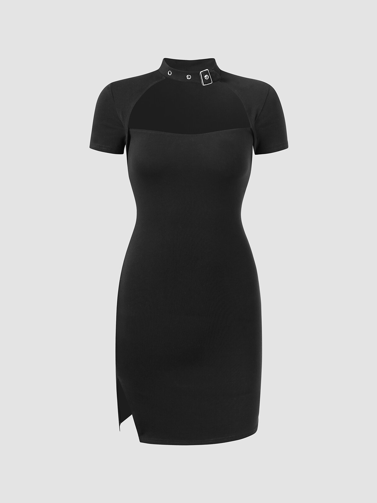

Solid Cut Out Slit Halter Short Sleeve Casual Dress, Black