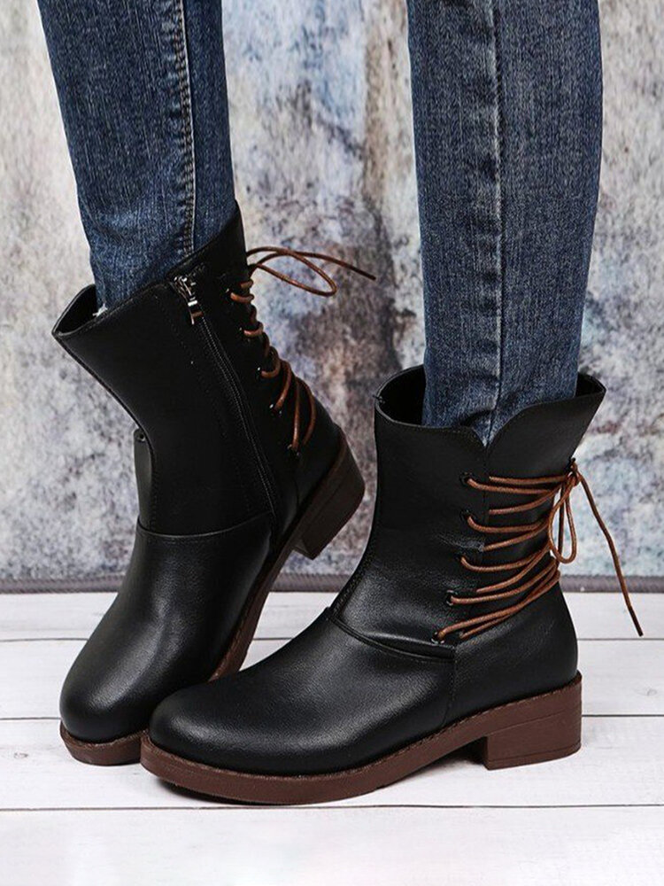 Casual Plus Size Women Splicing Lace-up Design Side-zip Short Boots