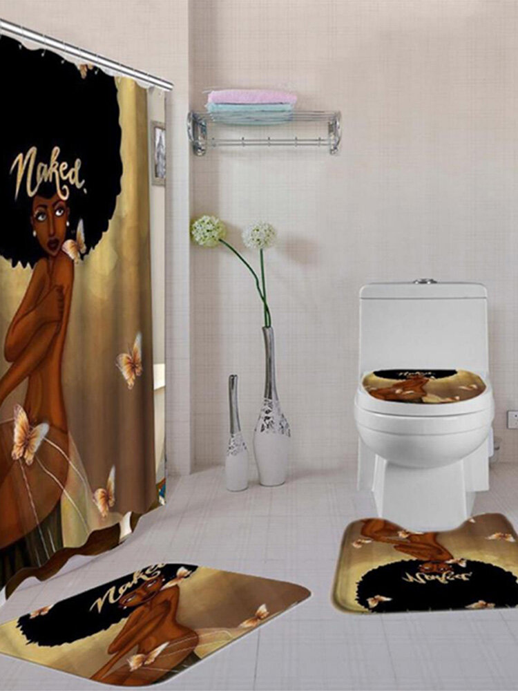 Afroamericano Mujer con cortina de ducha de corona Afro Africa Girl Queen Princess Cortinas de baño con alfombras Juego de fundas de asiento de inodoro