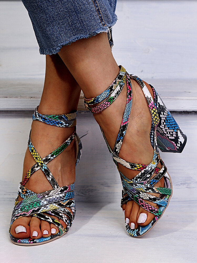 Women Fashion Colorful Snake Print Cross Straps Upper Ankle Buckle Strap Peep Toe Chunky Heels Sandals