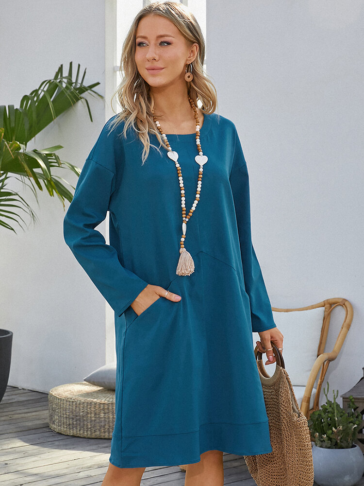 Solid Color Plain Pocket O-neck Long Sleeve Casual Dress for Women