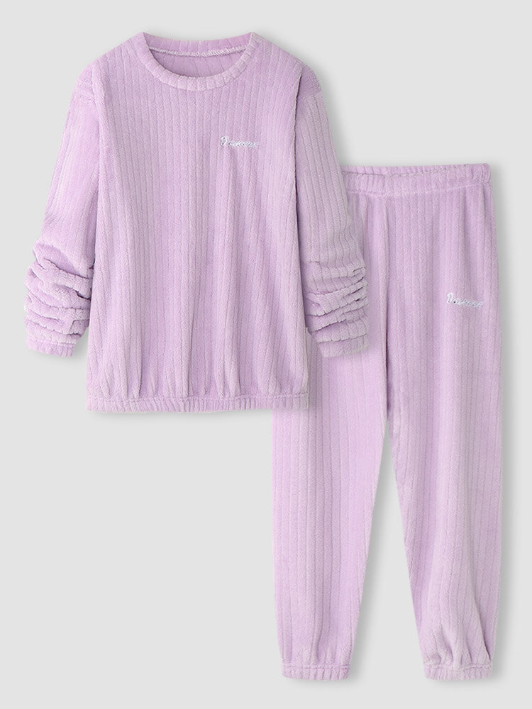 

Women Plus Size Plush Texture Letter Ribbed Warm Home Pajamas Sets, White;purple;gray;blue;pink