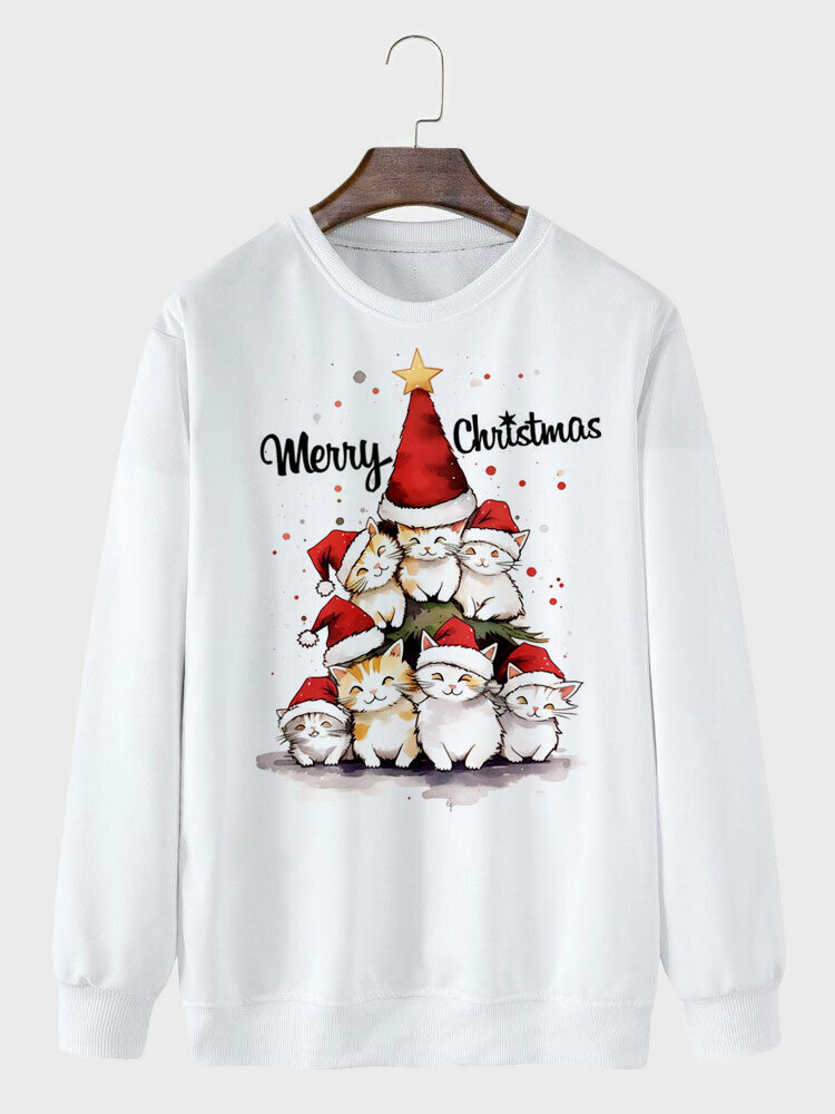 ChArmkpR Mens Cute Christmas Cat Print Crew Neck Pullover Sweatshirts