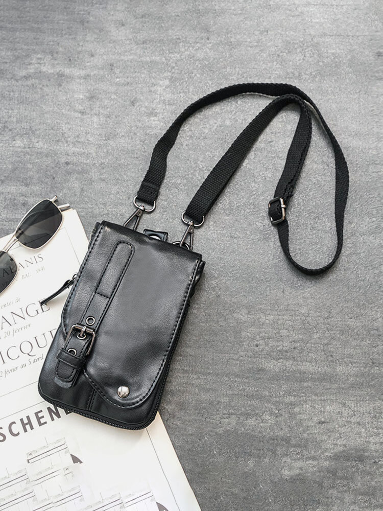 Men Faux Leather Fashion Multi-Carry Patchwork Black Crossbody Bag Phone Bag