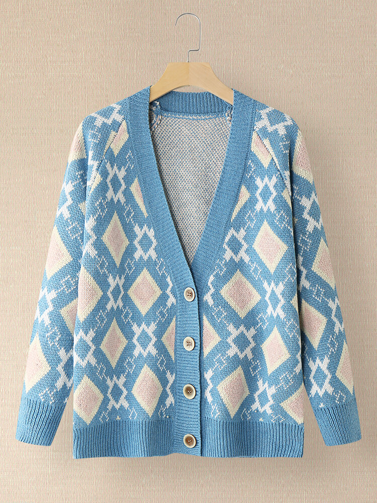 Argyle Pattern Button Long Sleeve Knit Cardigan