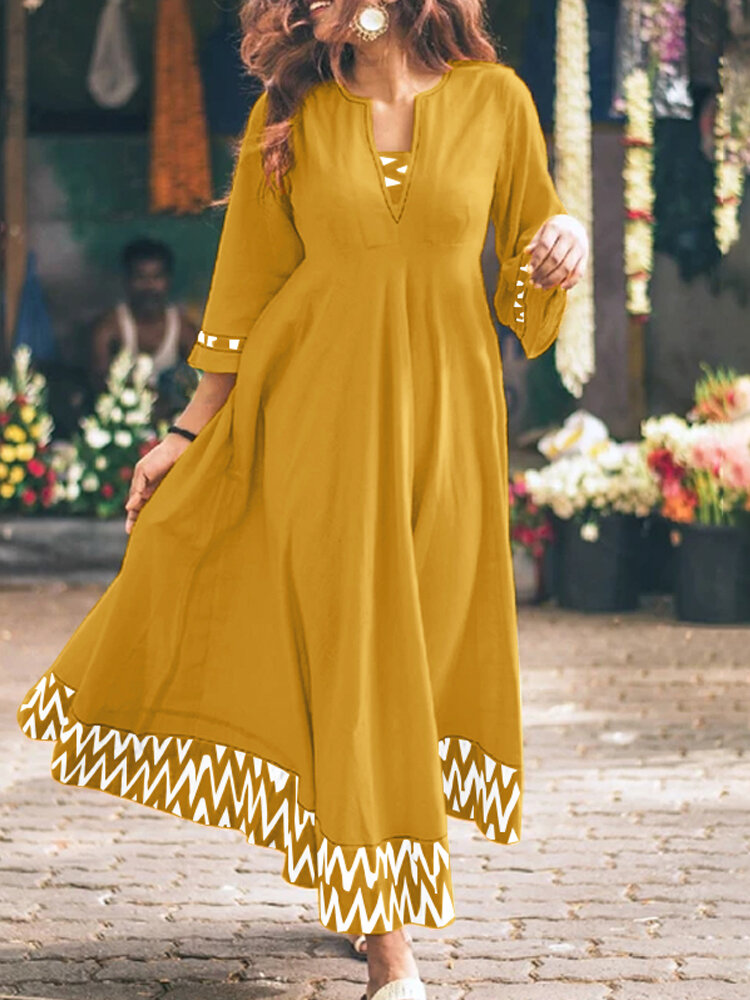 Contrast Color 3/4 Sleeve V-neck Maxi Dress For Women