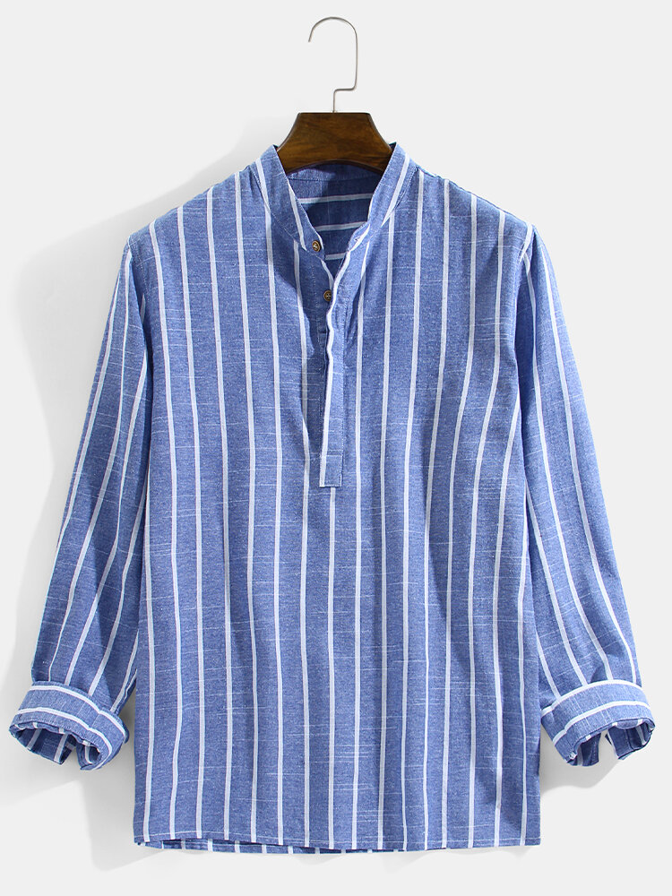 Mens Vertical Striped Stand Collar Cotton Casual Long Sleeve Henley Shirts