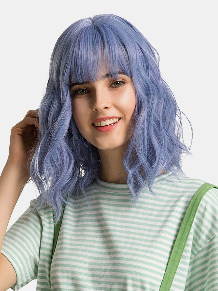 12 inch Short Natural Wave Cute Bob Wig with Bang Synthetic Blue Purple Hair Cosplay Party Wig