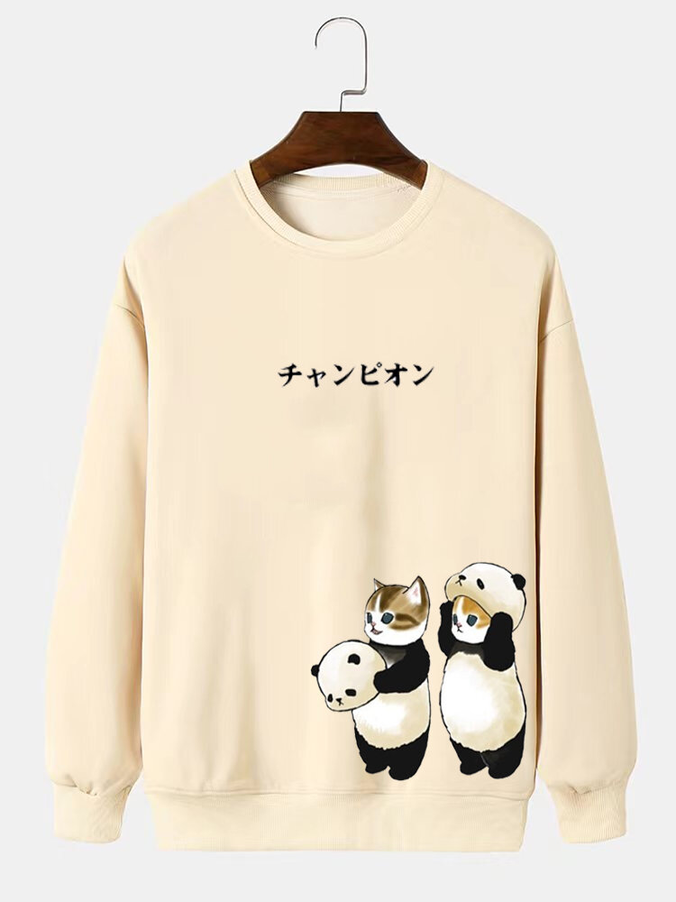

Mens Japanese Cartoon Panda Cat Print Crew Neck Pullover Sweatshirts, White;apricot