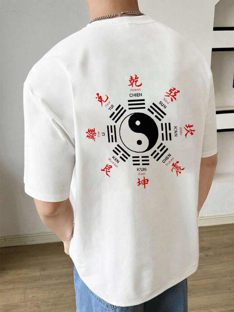 Camisetas masculinas chinesas Yin Yang com estampa traseira e gola redonda de manga curta de inverno