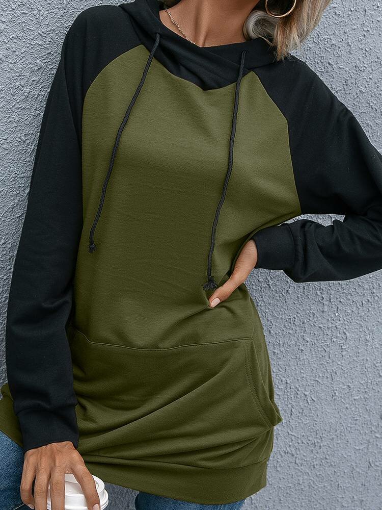 

Colorblock Kangaroo Pocket Drawstring Hoodie, Khaki;gray;army green