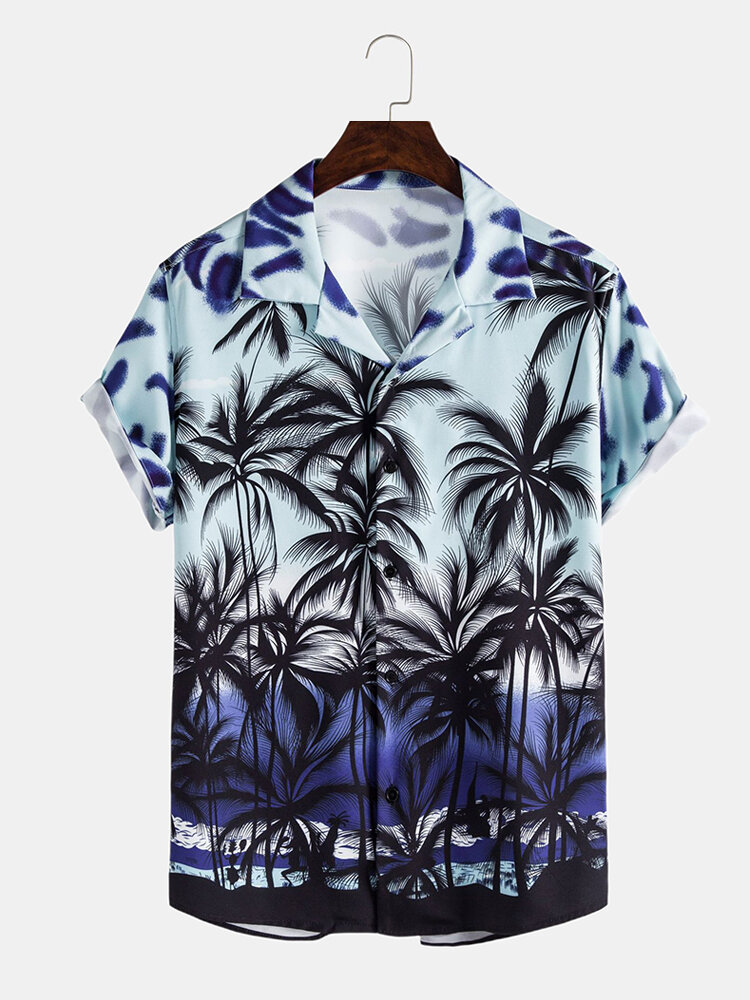 

Mens Hawaii Tropical Coconut Printed Holiday Beach Breathable Short Sleeve Shirt, Light blue