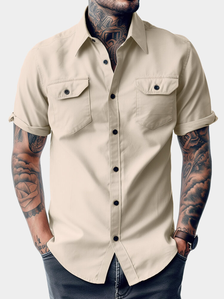 

Mens Solid Flap Pocket Lapel Casual Short Sleeve Shirts, Apricot