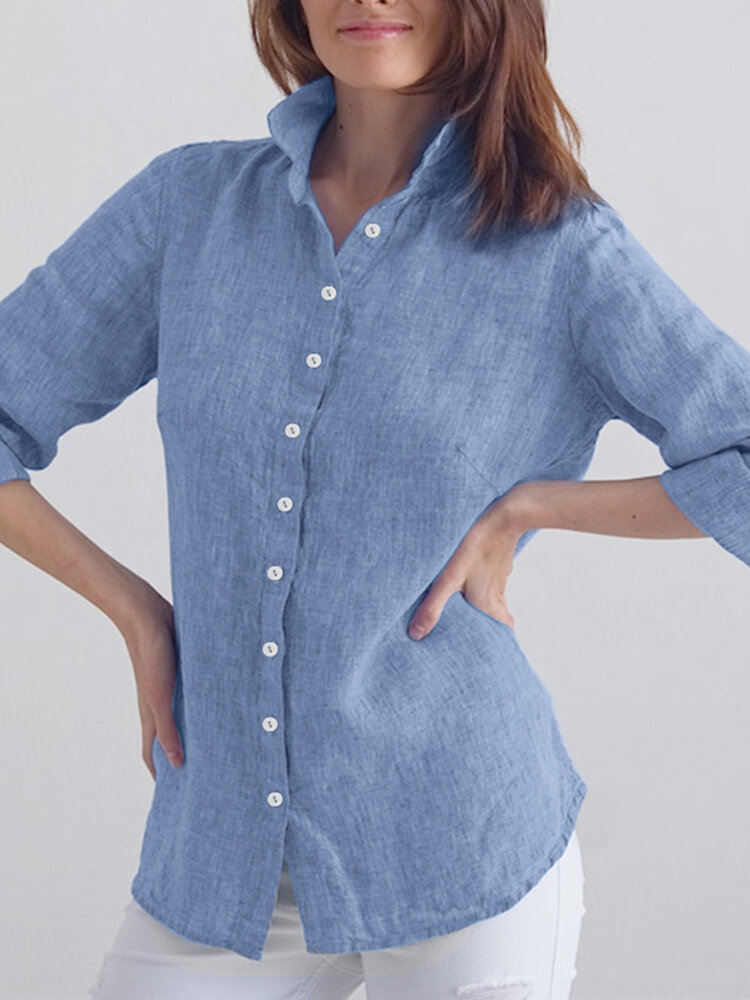 Women Solid Long Sleeve Lapel Button Front Shirt