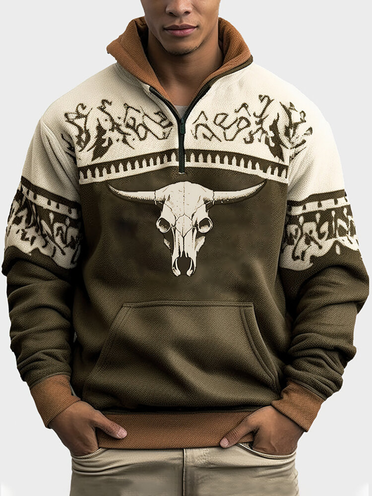 

Mens Ethnic Cow Head Print Kangaroo Pocket Fleece Sweatshirts Winter, Army green