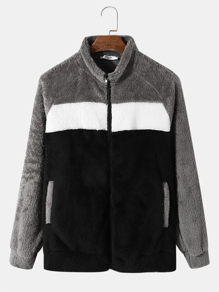 

Mens Fluffy Plush Colorblock Patchwork Raglan Sleeves Zip Street Jackets, Gray