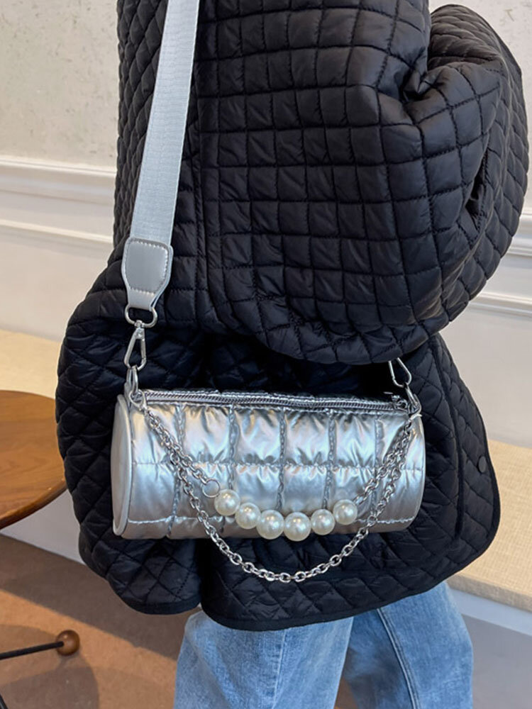Women Nylon Brief Pearl Cylinder Solid Color Crossbody Bag Shoulder Bag