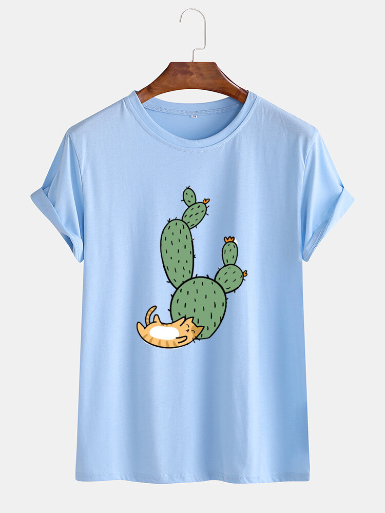 Mens Tropical Cactus Printed Funny Cartoon Breathable Casual T-Shirts