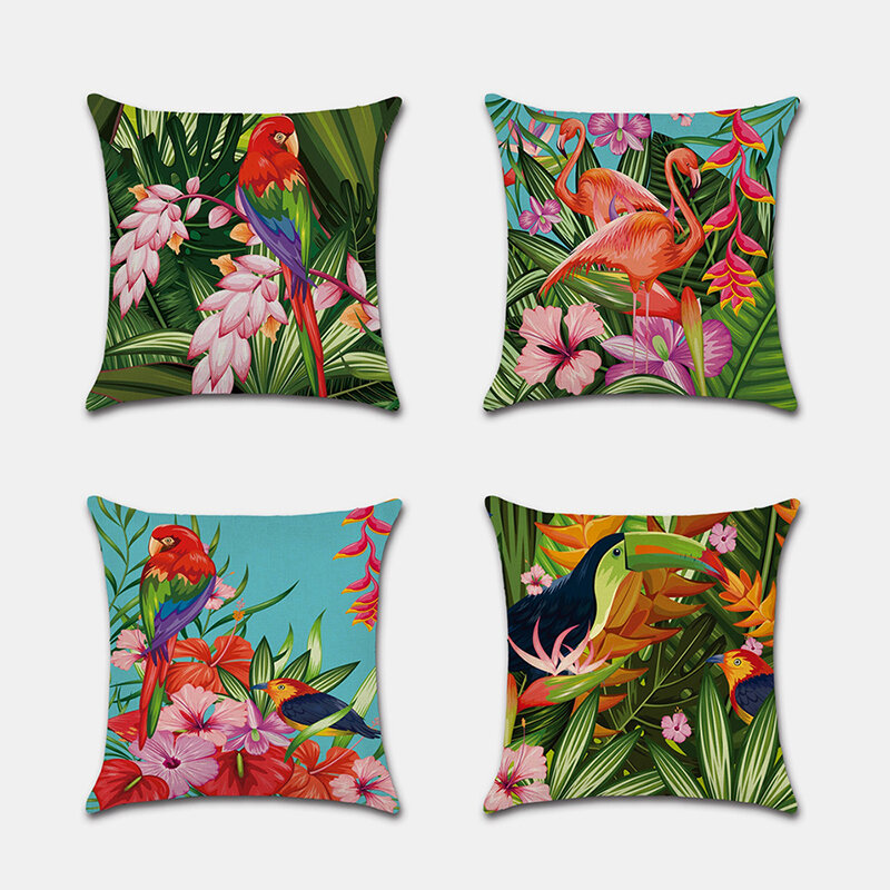 

Tropical Flower Pillowcase Flamingo Parrot Leaf Digital Printing Linen Without Core