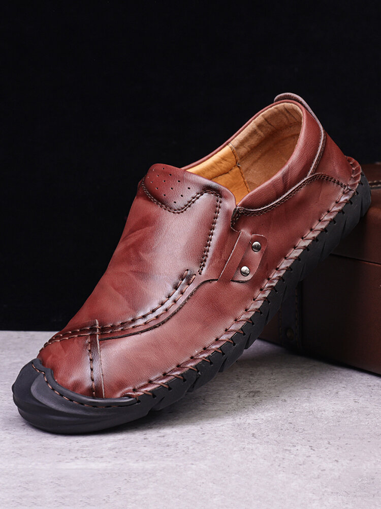 Men Delicate Hand Stitching Toe Protective Slip On Leather Loafers
