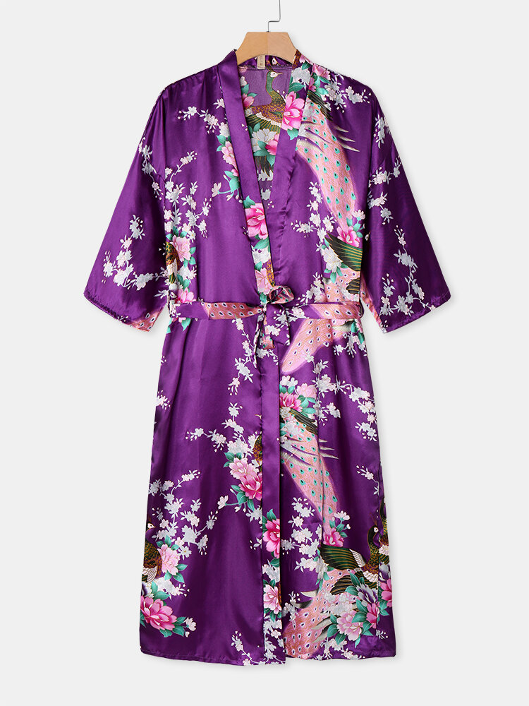 Kimono per la casa in seta sintetica con stampa floreale di pavone da donna