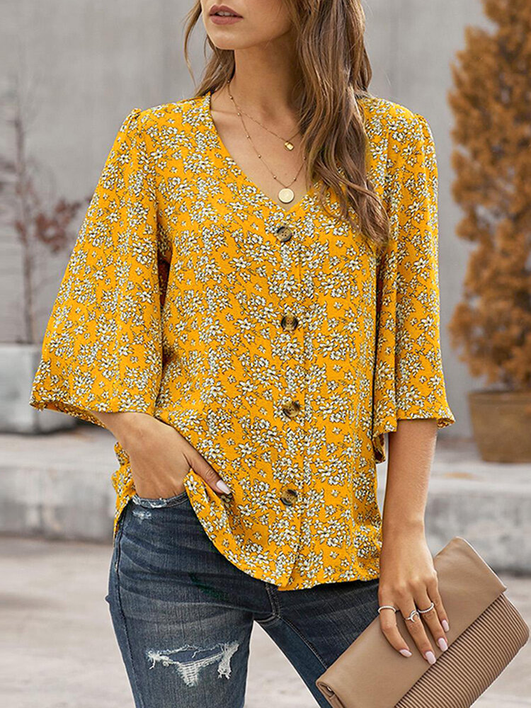 Ditsy Floral Print V-Neck Button Up Flared Sleeve Blouse
