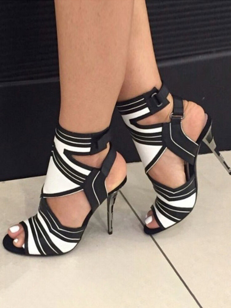 Plus Size Women Fashion Sexy Striped Hook & Loop Heeled Sandals
