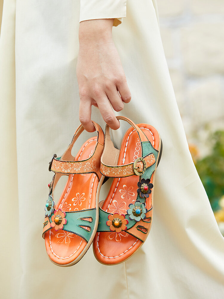 Socofy Genuine Leather Comfy Summer Vacation Bohemian Ethnic Floral Decor Hook & Loop Slide Sandals