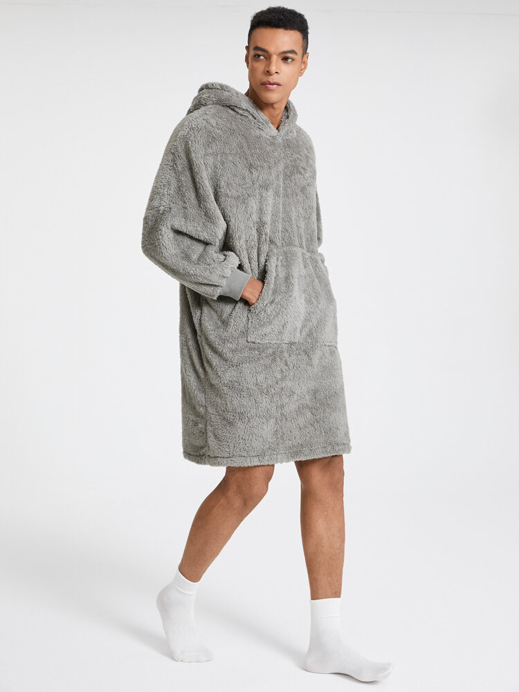 

Mens Fluffy Plush Solid Color Kangaroo Pocket Oversized Blanket Hoodie Robes, Gray