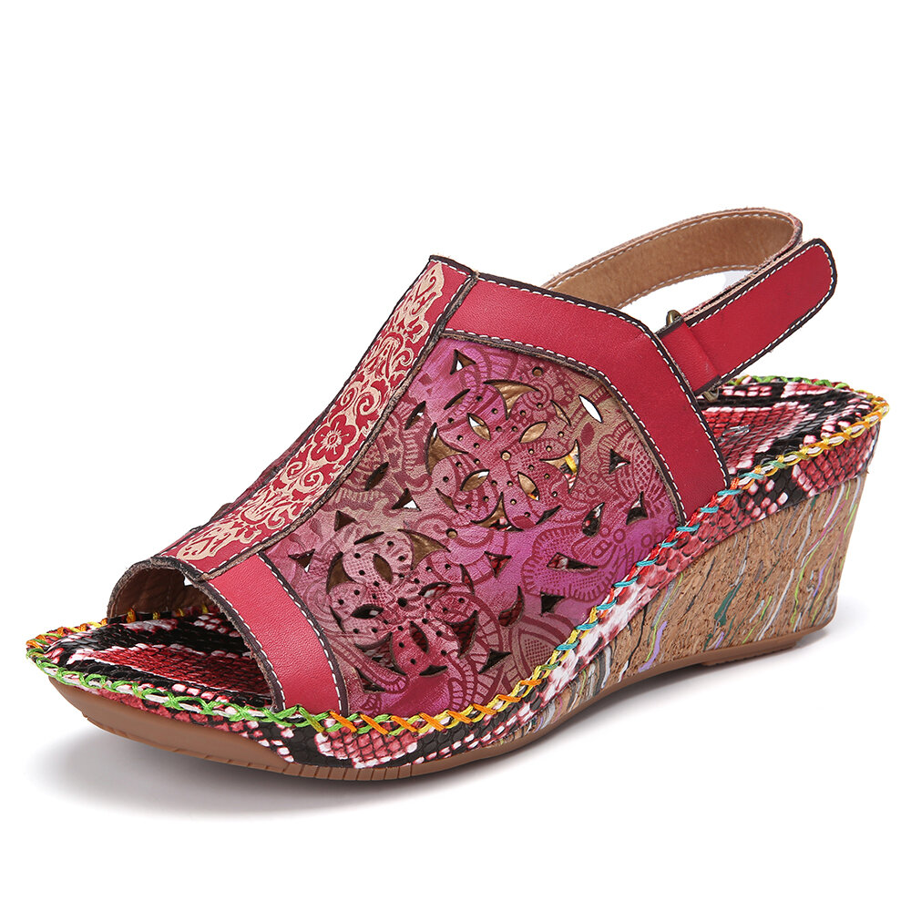 Leather Cutout Floral Snakeskin Printed Open Toe Slingback Wedge Sandals 