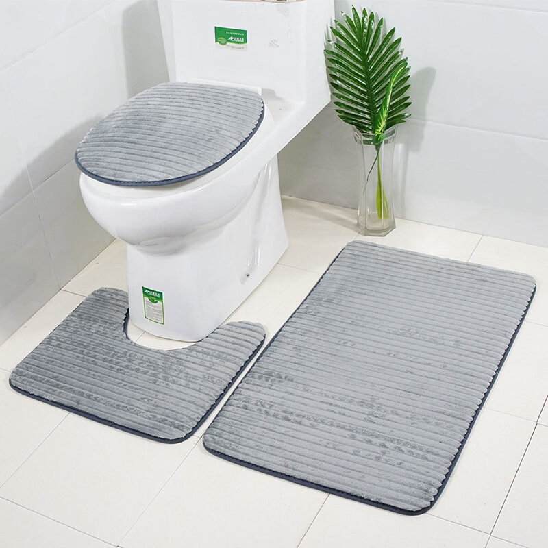 

3pcs Striped 3D Anti-slip Bath Rug Toilet Mats Set Soft Absorbent Bathroom Carpet Toilet Lid Seat Cover Closestool Pad, Grey;wine red;khaki