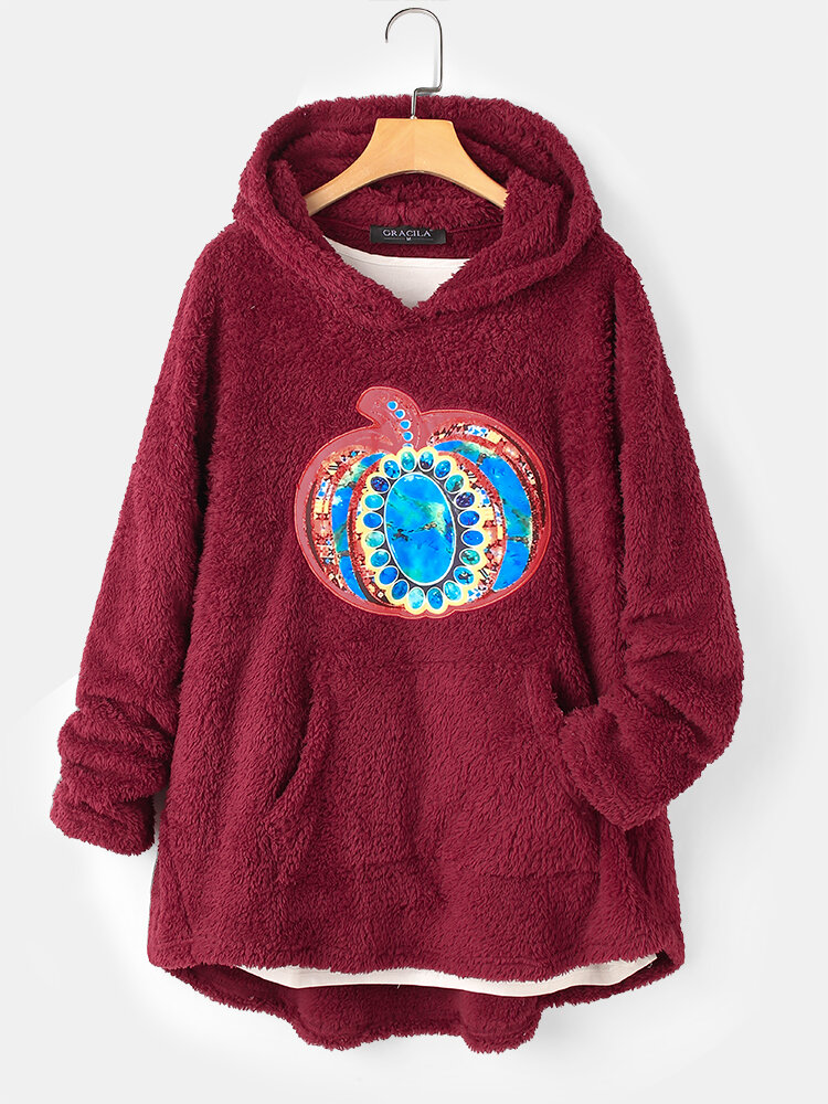 Casual Printed Plush Long Sleeve Hooded Fluffy Hoodie For Women