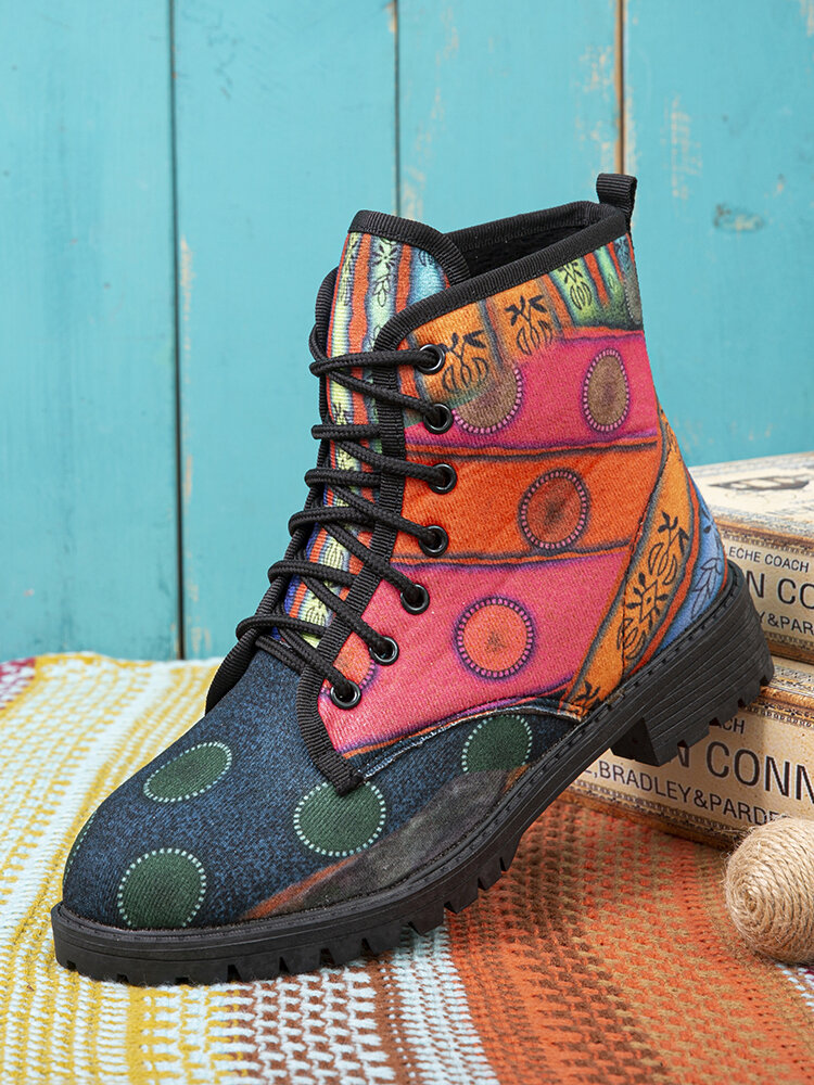 Large Size Women Ethnic Pattern Lace-up Comfortable Casual Tooling Boots
