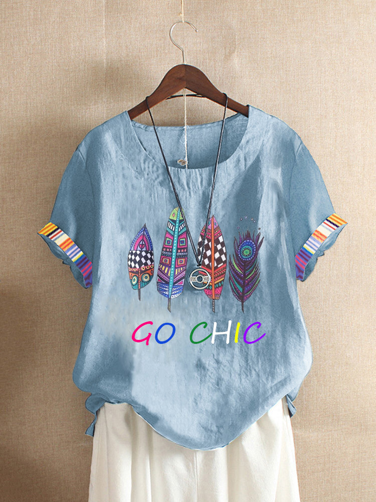 Feather Letter Striped Printed O-Neck T-shirt