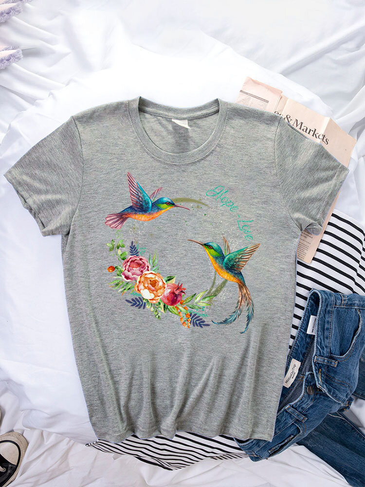 

Birds Flower Print O-neck T-Shirt, Black;gray;purple;red;yellow;pink;white;blue;navy;grass green;fruit green;lake blue;gold;wine red;orange;rose;olive green;green;sky blue;mustard yellow;army green;flesh pink;leather pink;ginger
